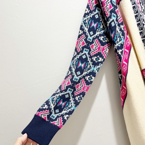 FANTASTIC FAWN Women’s Ivory Blue Pink Open Waterfall Cardigan Aztec Boho Sz M - Picture 5 of 9